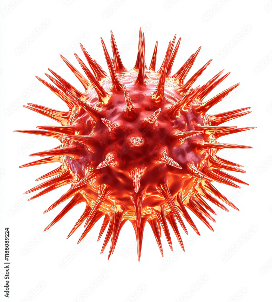 Poster 3d rendering of a red and orange single-cell virus with sharp edges, circular shape, yellow spikes, 