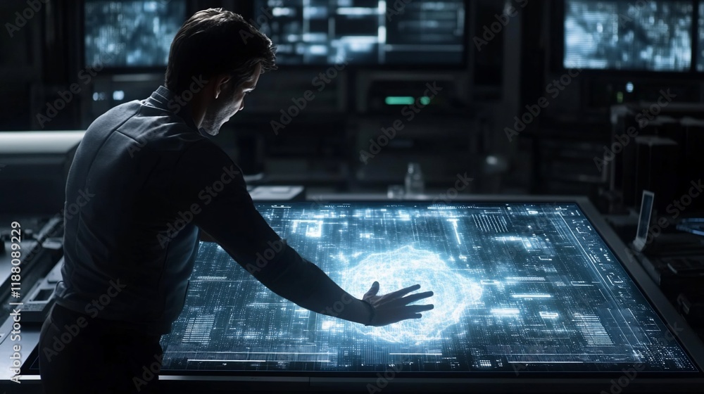 Aufkleber man interacts with holographic globe on large digital screen in dark futuristic tech lab.