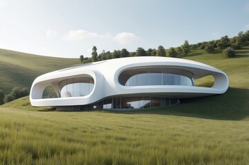 Modern, white, futuristic house nestled into a grassy hillside with large windows and sleek design.