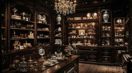 Elegant Antique Display Room with Ornate Decor and Treasures