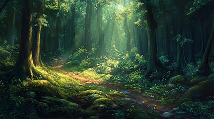 Obraz premium Sunbeams illuminate a path through a lush, mossy forest.