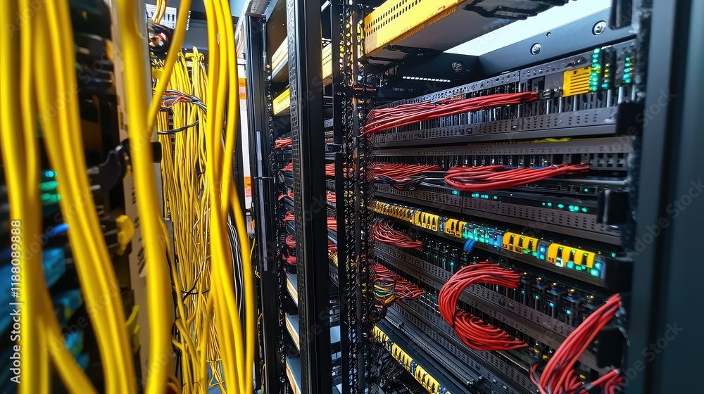 Poster high-tech data center featuring colorful network cables and racks