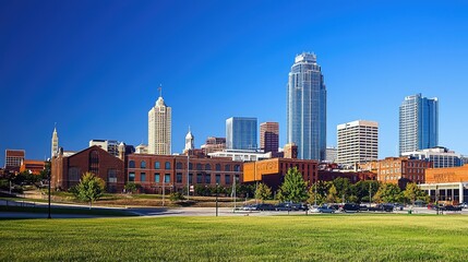 Obraz premium Modern Urban Skyline with Green Park in Foreground on Clear Day