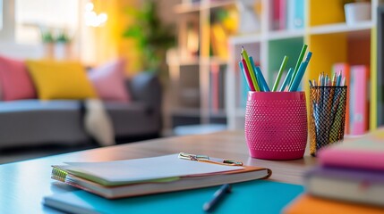 Colorful pencils, notebooks, and pen on a desk in a bright room.