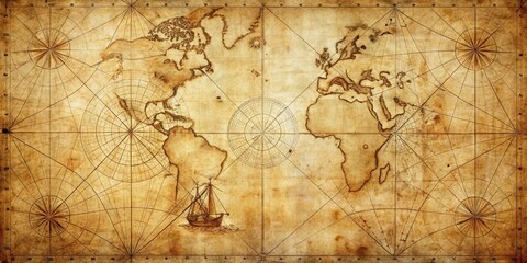 Fototapeta premium Ancient navigation chart with weathered parchment texture and faded ink markings, sailing charts, distressed paper