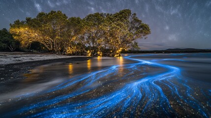 Bioluminescent waves glowing on a dark beach at night under starry sky.
