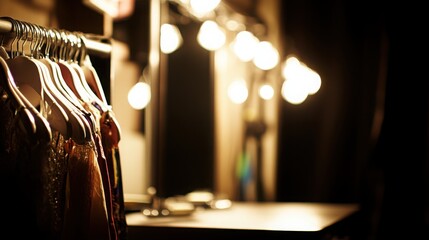 Naklejka premium Backstage dressing room filled with colorful costumes and props, symbolizing creativity, preparation, and the magic of transformation in performing arts.