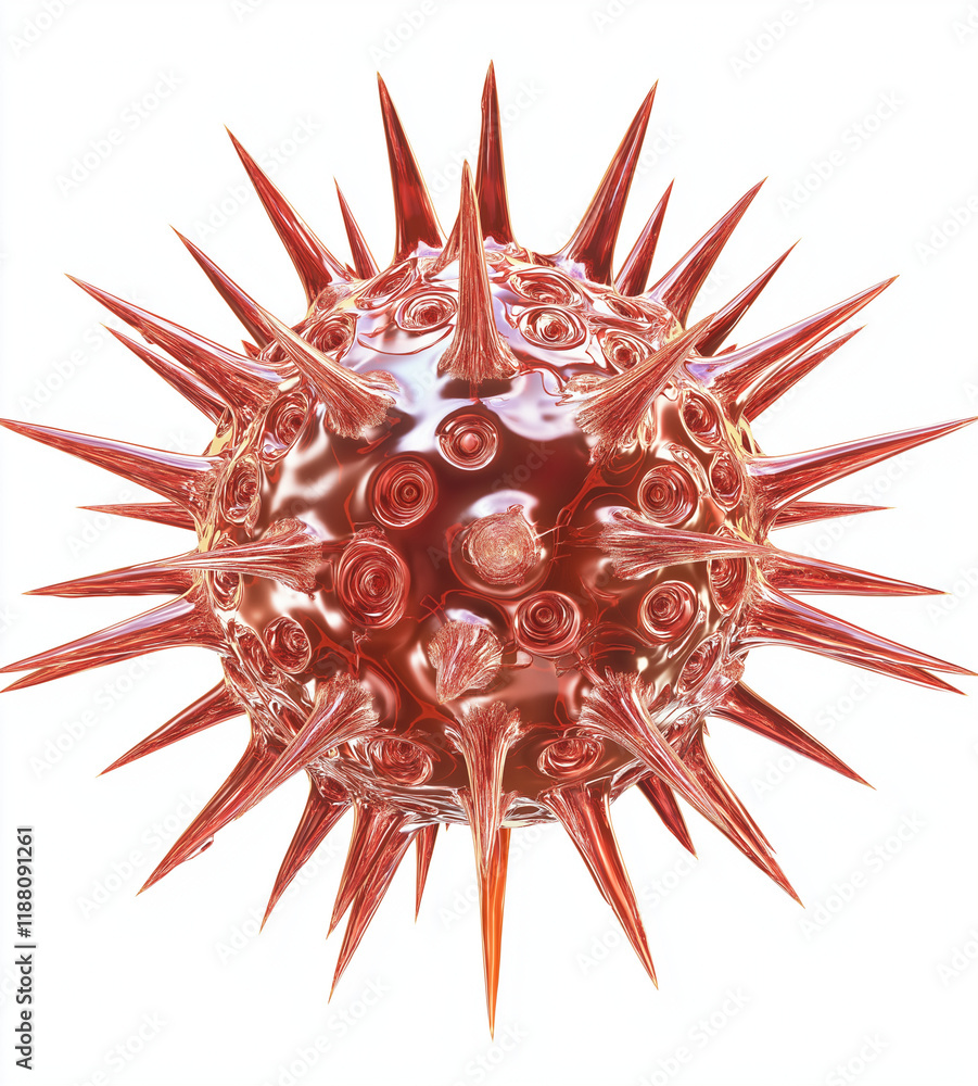 Poster 3d rendering of a red and orange single-cell virus with sharp edges, circular shape, yellow spikes, 