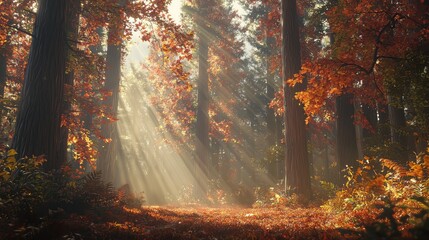 Obraz premium Serene Autumn Forest Landscape with Sunlight Through Trees