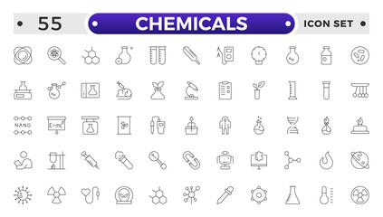 Chemicals outline icons - flask, lab tube, scientist, dropper, petri dish, beaker, experiment, education, biotechnology. Thin line art about laboratory research.