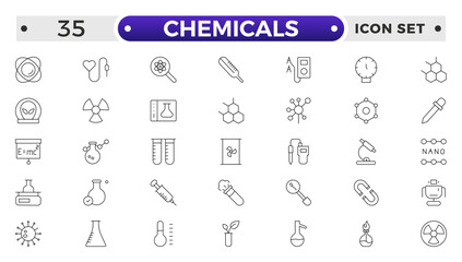 Chemicals outline icons - flask, lab tube, scientist, dropper, petri dish, beaker, experiment, education, biotechnology. Thin line art about laboratory research.