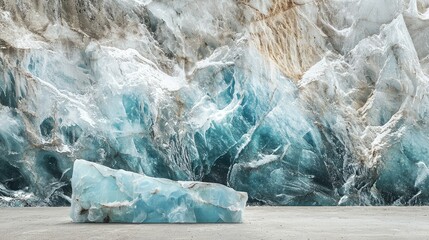 Large Ice Block Against Blue and White Ice Wall in Nature Scene