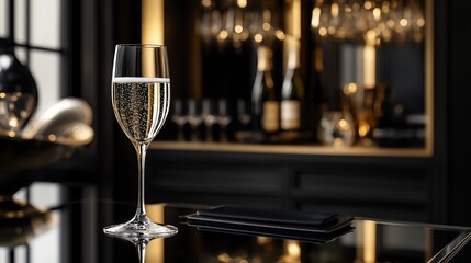 Sparkling wine in elegant flute glass on bar counter.