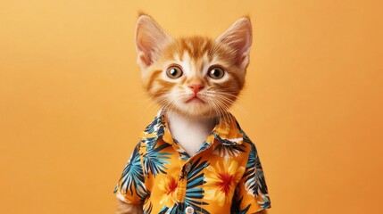 Adorable ginger kitten wearing a tropical shirt against an orange background.
