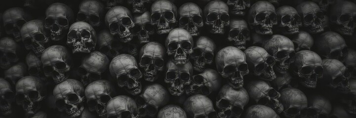 A haunting and eerie image of a pile of monochrome skulls in black color, creating a chilling and macabre atmosphere, eerie, skulls, black