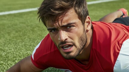 Fototapeta premium Football player lying on the ground after a hard tackle, showcasing resilience and determination in the face of physical challenge.