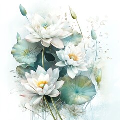 Elegant white lotus flowers surrounded by lush green leaves, evoking tranquility.