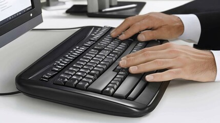 Close-up of hands typing on a keyboard at a desk.