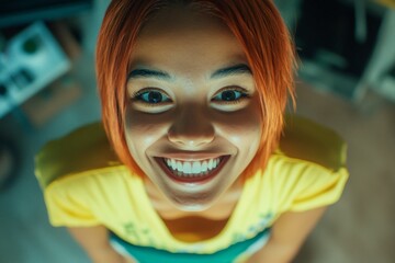 Short coiffure - red hair. Commercial digital ads creative. Gorgeous smiling mixed-race girl - for ads, media and online marketing use. Creative hair advertising. Stylish short hair ads.