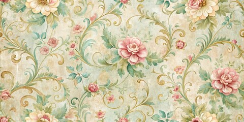 Distressed vintage floral wallpaper with swirly patterns and pastel colors, giving a nostalgic feel to any room , floral