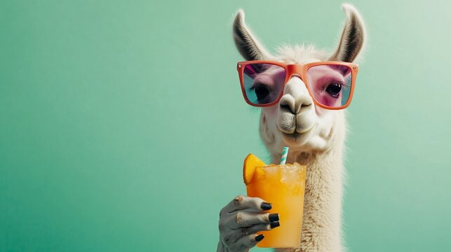 Llama wearing sunglasses enjoys a summer cocktail.