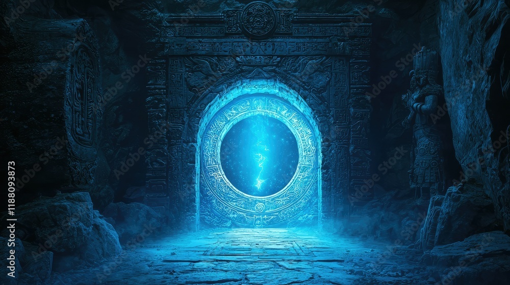Poster mysterious portal with ethereal glow in dark ancient setting