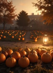 A field of pumpkins and gourds is illuminated by a lone lantern on a crisp autumn evening, warm glow, pumpkin patch