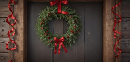 A festive holiday wreath made from evergreen branches and red ribbons, hung on a wooden door with a sprinkle of cinnamon powder, holiday, decoration, door