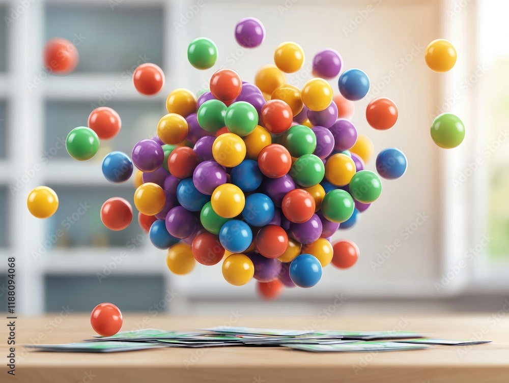 Poster colorful bouncing balls in motion indoor space image capture creative environment close-up view play