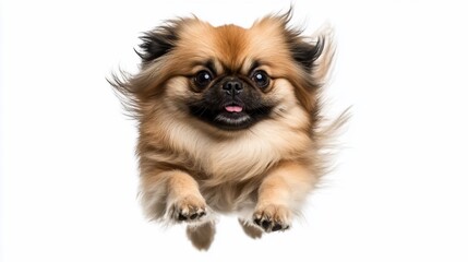 Obraz premium Playful Pekingese dog in mid-air, paws extended, tongue out, against white background.