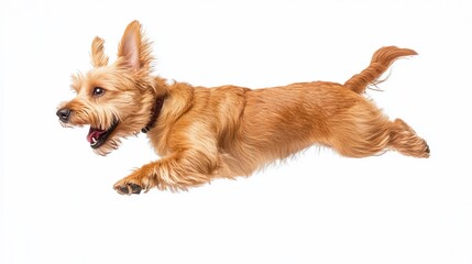 A playful, light brown, small dog leaps joyfully against a white background.
