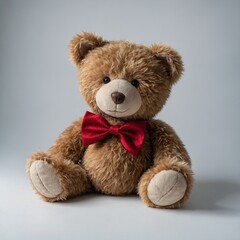Fototapeta premium A cuddly teddy bear with a red bow tie on a white background.