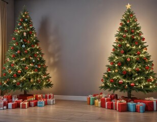 A drawing of a Christmas tree with presents and garland, christmas trees, decorated trees, shining ornaments