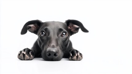 Adorable black puppy lying down, looking at camera.