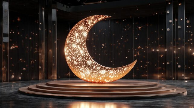 Illuminated Crescent Moon Art Installation On Stage