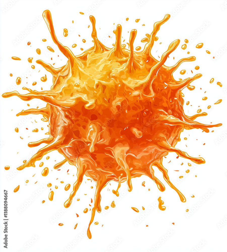 Poster 3d rendering of a red and orange single-cell virus with sharp edges, circular shape, yellow spikes, 