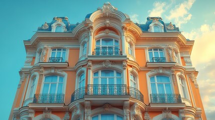 Fototapeta premium Magnificent European Architecture: A Stunning Orange Facade Building