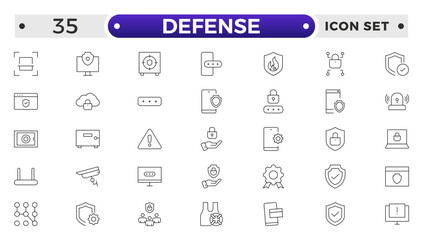 Set of Defense and security web icons in line style. Guard, cyber security, password, smart home, safety, data protection, key, shield, lock, unlock, eye access. Security outline icon set.