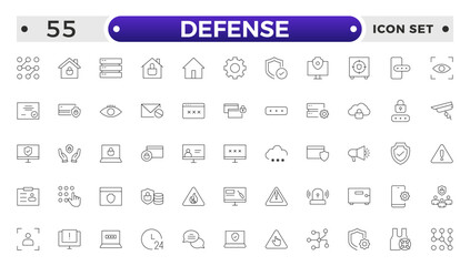 Set of Defense and security web icons in line style. Guard, cyber security, password, smart home, safety, data protection, key, shield, lock, unlock, eye access. Security outline icon set.