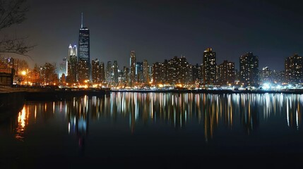 Illuminated Cityscape at Night with Reflections on Water Surface