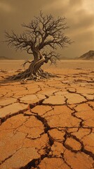 A desolate landscape with a withered tree and twisted roots, tree, roots, twisted