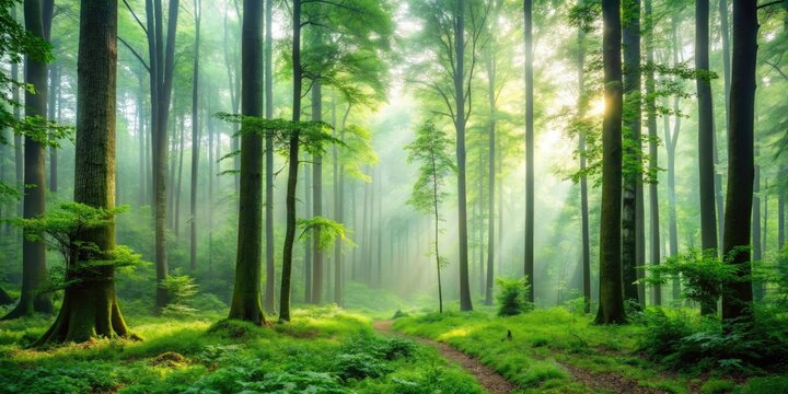 A dense forest with tall trees and a misty green atmosphere during the morning, forest, mist, vegetation, foliage