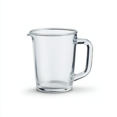 Clear glass measuring cup with handle and spout on white background