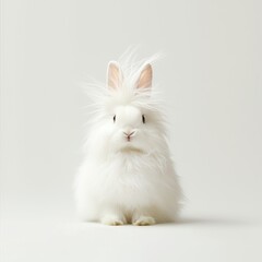 Obraz premium Fluffy white rabbit with long ears and soft fur sitting on plain background