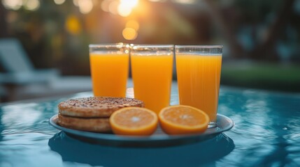 Poolside breakfast orange juice, bagels, fruit, sunset.