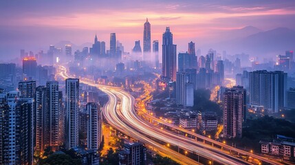 Obraz premium Cityscape at sunrise with highway and fog.