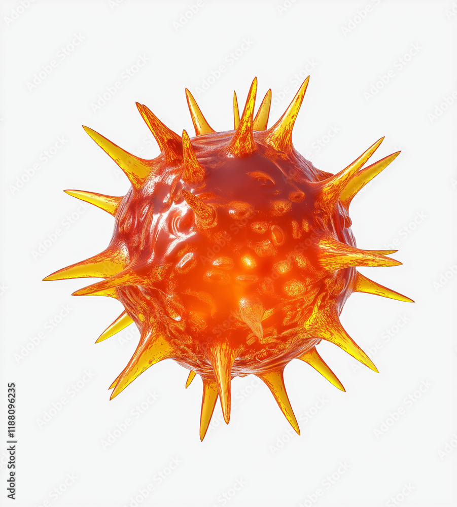 Poster 3d rendering of a red and orange single-cell virus with sharp edges, circular shape, yellow spikes, 