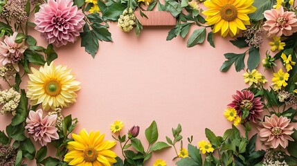 Obraz premium Floral frame with sunflowers, dahlias, and greenery on pink background.