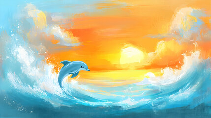 Dolphin leaping ocean wave sunset; vibrant summer seascape for children's book illustration