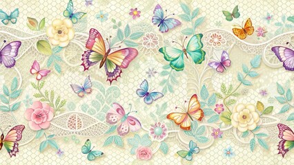 Abstract seamless lace pattern with delicate floral motifs and colorful butterflies , floral motifs, textile design